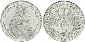 Münzen der Bundesrepublik Deutschland, Gedenkmünzen, 5 Deutsche Mark, Silber, 1952-1979
Markgraf von Baden 1955 G. vorzüglich, kl. Kratzer
