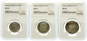 Münzen der Bundesrepublik Deutschland, Kursmünzensätze, 1 Pfennig - 5 Deutsche Mark, 1964-2001
Die 3 wichtigsten Münzen aus dem Satz 1964 G, in NGC-Bl...