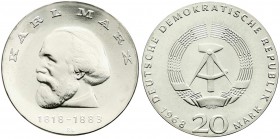 Münzen der Deutschen Demokratischen Republik, Gedenkmünzen der DDR
20 Mark 1968, Marx. Randschrift läuft rechts herum. Stempelglanz