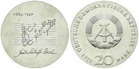 Münzen der Deutschen Demokratischen Republik, Gedenkmünzen der DDR
20 Mark 1975, Bach. Randschrift läuft rechts herum. prägefrisch, kl. Kratzer