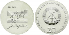 Münzen der Deutschen Demokratischen Republik, Gedenkmünzen der DDR
20 Mark 1975, Bach. Randschrift läuft links herum. prägefrisch, kl. Kratzer