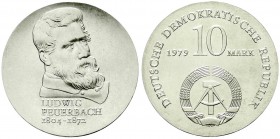 Münzen der Deutschen Demokratischen Republik, Gedenkmünzen der DDR
10 Mark 1979, Feuerbach. Randschrift läuft rechts herum. prägefrisch