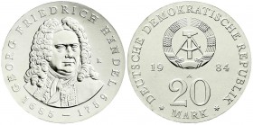 Münzen der Deutschen Demokratischen Republik, Gedenkmünzen der DDR
20 Mark 1984 A, Händel. Randschrift läuft rechts herum. prägefrisch