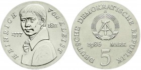 Münzen der Deutschen Demokratischen Republik, Gedenkmünzen der DDR
5 Mark 1986 A, Kleist. Randschrift läuft links herum Stempelglanz
