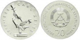 Münzen der Deutschen Demokratischen Republik, Gedenkmünzen der DDR
20 Mark 1988 A, Zeiss. Randschrift läuft links herum. Stempelglanz