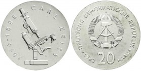 Münzen der Deutschen Demokratischen Republik, Gedenkmünzen der DDR
20 Mark 1988 A, Zeiss. Randschrift läuft rechts herum. Stempelglanz