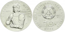 Münzen der Deutschen Demokratischen Republik, Gedenkmünzen der DDR
10 Mark 1988 A, Hutten. Randschrift läuft rechts herum. Stempelglanz