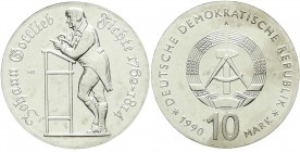 Münzen der Deutschen Demokratischen Republik, Gedenkmünzen der DDR
10 Mark 1990 A, Fichte. Randschrift läuft links herum. Stempelglanz