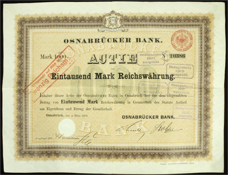 Varia, Aktien, Deutschland
Osnabrücker Bank: 2 X Actie über Eintausend Mark Reic...