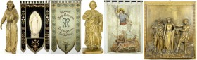 Varia, Religion, Christliche Sakralkunst
Schöner Sakralposten, bestehend aus 2 Holzfiguren (Mönch, Höhe 76 cm und Evangelist Höhe 61 cm), einem Holzre...