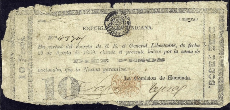 Banknoten, Ausland, Dominikanische Republik
10 Pesos 1858. Schwarz mit 2 handsch...