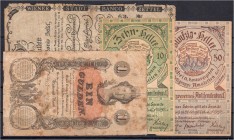 Banknoten, Ausland, Österreich
4 besondere Scheine: Wien 10 Gulden Banco Zettel 1806 (Einrisse hinterlegt), 1 Gulden 1858 Nationalbank, 2 Spendenschei...