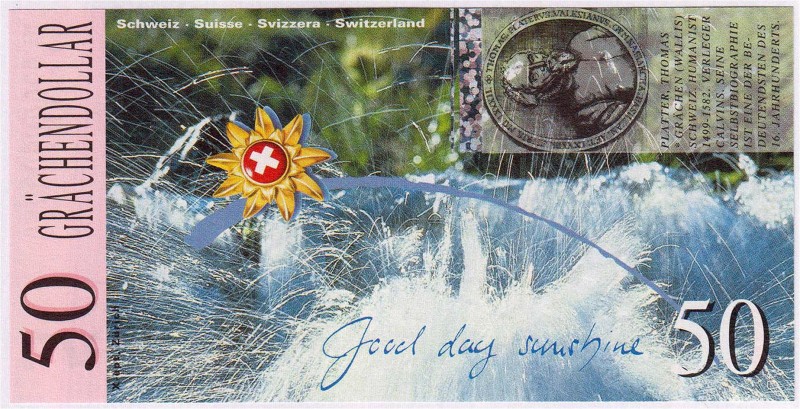Banknoten, Ausland, Schweiz
Sonderbanknote zu "50 Grächendollars" der Stadt Gräc...