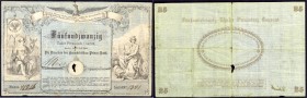 Banknoten, Altdeutschland, Preußen
25 Thaler "Die Kurmärkische Privat-Bank, Berlin" 1. Juli 1861. Handschriftl. Unterschrift, Numm. und Kontrollnummer...