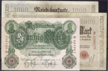 Banknoten, Die deutschen Banknoten ab 1871 nach Rosenberg, Deutsches Reich, 1871-1945
3 Stück: 2 X 1000 Mark 26.07.1906, Serien B und C. Dazu 50 Mark ...