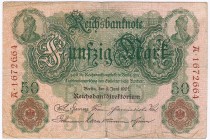 Banknoten, Die deutschen Banknoten ab 1871 nach Rosenberg, Deutsches Reich, 1871-1945
50 Mark 8.6.1907. Serie A. IV, unten kl. Einriß, selten