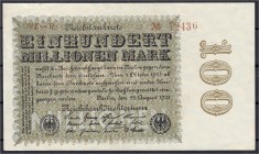 Banknoten, Die deutschen Banknoten ab 1871 nach Rosenberg, Deutsches Reich, 1871-1945
100 Mio. Mark 22.8.1923. Wz. Ringe (Grabowski falsche Wz.-Abb.)....