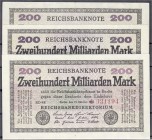Banknoten, Die deutschen Banknoten ab 1871 nach Rosenberg, Deutsches Reich, 1871-1945
3 verschiedene 200 Mrd. Mark 15.10.1923. Ro. 118b große KN (I-) ...