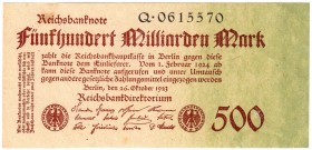 Banknoten, Die deutschen Banknoten ab 1871 nach Rosenberg, Deutsches Reich, 1871-1945
500 Mrd. Mark 26.10.1923. KN 7-stellig, Serie Q. I-, kl. Fleck