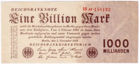 Banknoten, Die deutschen Banknoten ab 1871 nach Rosenberg, Deutsches Reich, 1871-1945
1 Bio. Mark 1.11.1923. KN 6-stellig, FZ: AF. II