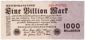 Banknoten, Die deutschen Banknoten ab 1871 nach Rosenberg, Deutsches Reich, 1871-1945
1 Bio. Mark 1.11.1923. KN 6-stellig, FZ: X. Mit Druckfehler im D...