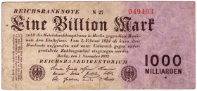 Banknoten, Die deutschen Banknoten ab 1871 nach Rosenberg, Deutsches Reich, 1871-1945
1 Bio. Mark 1.11.1923. KN 6-stellig rot, FZ: N braun. III-, selt...