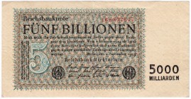 Banknoten, Die deutschen Banknoten ab 1871 nach Rosenberg, Deutsches Reich, 1871-1945
5 Bio. Mark 1.11.1923. KN 6-stellig, FZ: B rot. III, selten