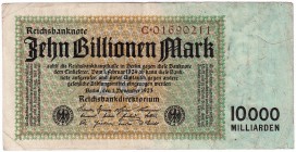 Banknoten, Die deutschen Banknoten ab 1871 nach Rosenberg, Deutsches Reich, 1871-1945
10 Bio. Mark 1.11.1923. KN 8-stellig, Serie C . III-, selten