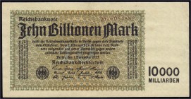 Banknoten, Die deutschen Banknoten ab 1871 nach Rosenberg, Deutsches Reich, 1871-1945
10 Bio. Mark 1.11.1923. KN 6-stellig, FZ: AM braun. III-II, selt...