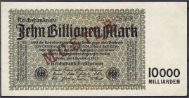 Banknoten, Die deutschen Banknoten ab 1871 nach Rosenberg, Deutsches Reich, 1871-1945
10 Bio. Mark 1.11.1923. KN 6-stellig, FZ: V, mit rotem Aufdruck ...
