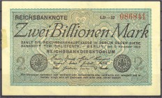 Banknoten, Die deutschen Banknoten ab 1871 nach Rosenberg, Deutsches Reich, 1871-1945
2 Bio. Mark 5.11.1923. WZ Hakensterne. KN 6-stellig, FZ: schwarz...