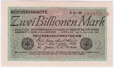 Banknoten, Die deutschen Banknoten ab 1871 nach Rosenberg, Deutsches Reich, 1871-1945
2 Bio. Mark 5.11.1923. WZ Ringe. KN 6-stellig, FZ: schwarz BK. I...