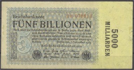 Banknoten, Die deutschen Banknoten ab 1871 nach Rosenberg, Deutsches Reich, 1871-1945
5 Bio. Mark 7.11.1923. Firmendruck, KN 6-stellig FZ: H. III, lei...