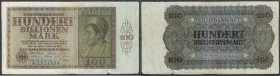 Banknoten, Die deutschen Banknoten ab 1871 nach Rosenberg, Deutsches Reich, 1871-1945
100 Billionen Mark 15.2.1924. Serie A. III-IV, sehr selten