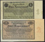 Banknoten, Die deutschen Banknoten ab 1871 nach Rosenberg, Deutsches Reich, 1871-1945
2 Stück: 1 und 2 Rentenmark 1.11.1923. II und III-II, beide kl. ...