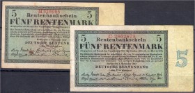 Banknoten, Die deutschen Banknoten ab 1871 nach Rosenberg, Deutsches Reich, 1871-1945
2 X 5 Rentenmark 1.11.1923. KN 6-stellig, Serie M und KN 7-stell...