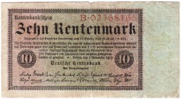 Banknoten, Die deutschen Banknoten ab 1871 nach Rosenberg, Deutsches Reich, 1871-1945
10 Rentenmark 1.11.1923. Serie B. IV, winz. Fehlstellen, selten