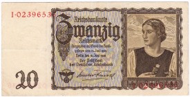 Banknoten, Die deutschen Banknoten ab 1871 nach Rosenberg, Deutsches Reich, 1871-1945
20 Reichsmark 16.6.1939. Ohne Udr. Bst. III, selten
