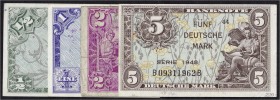 Banknoten, Die deutschen Banknoten ab 1871 nach Rosenberg, Westliche Besatzungszonen und BRD, ab 1948
4 Scheine: 1/2, 1, 2, 5 Deutsche Mark Serie 1948...
