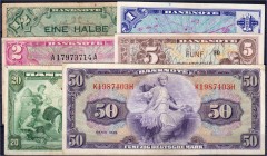 Banknoten, Die deutschen Banknoten ab 1871 nach Rosenberg, Westliche Besatzungszonen und BRD, ab 1948
1/2, 1, 2, 5, 20, 50 Deutsche Mark Serie 1948. m...