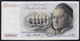 Banknoten, Die deutschen Banknoten ab 1871 nach Rosenberg, Westliche Besatzungszonen und BRD, ab 1948
100 Deutsche Mark 9.12.1948, Franzosenschein. 2-...