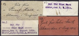 Banknoten, Deutsches Notgeld und KGL, Ahaus (Westf.)
Westf. Jute-Spinnerei und Weberei: 2 X 1, 5 und 10 Mark 5.8.1914. 1 Mark zweizeilig mit Firmenste...