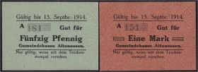 Banknoten, Deutsches Notgeld und KGL, Altenessen (Rheinland)
Gemeindekasse: 50 Pf. und 1 Mark 15.9.1914. Beide unentwertet. Der Schein zu 1 Mark mit d...