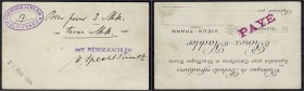Banknoten, Deutsches Notgeld und KGL, Altthann (Elsass)
Pienoz-Kachler, 3 Mark 21.8.1914, auf Geschäftskarte mit Datumsstempel. Laut Dießner eine der ...