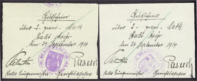 Banknoten, Deutsches Notgeld und KGL, Arys (Ostpr.)
Magistrat: 2 X 2 Mark 24.9.1...