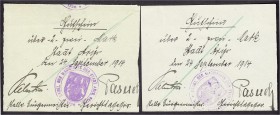 Banknoten, Deutsches Notgeld und KGL, Arys (Ostpr.)
Magistrat: 2 X 2 Mark 24.9.1914. Mit und ohne Wasserzeichen. Beide mit Grünstift-Entwertung. Dabei...