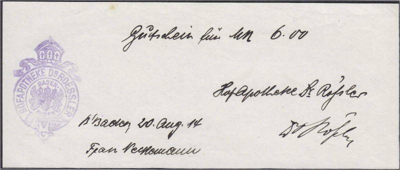 Banknoten, Deutsches Notgeld und KGL, Baden-Baden (Baden)
Hofapotheke Dr. Rössle...