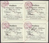 Banknoten, Deutsches Notgeld und KGL, Bischofsburg (Ostpr.)
Stadtgemeinde: 4 Scheine zu 1, 2, 3 und 5 Mark 3.8.1914. Alle mit Strichentwetung. Rs. kl....