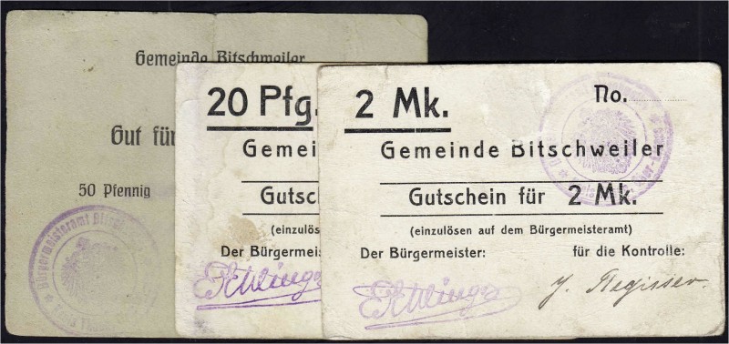 Banknoten, Deutsches Notgeld und KGL, Bitschweiler (Elsass)
Gemeinde: 3 Scheine ...