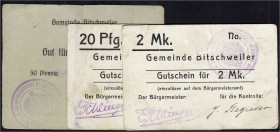 Banknoten, Deutsches Notgeld und KGL, Bitschweiler (Elsass)
Gemeinde: 3 Scheine o.D. (1914). 20, 50 Pf. und 2 Mark. Der 2 Mark-Schein ist bei Dießner ...